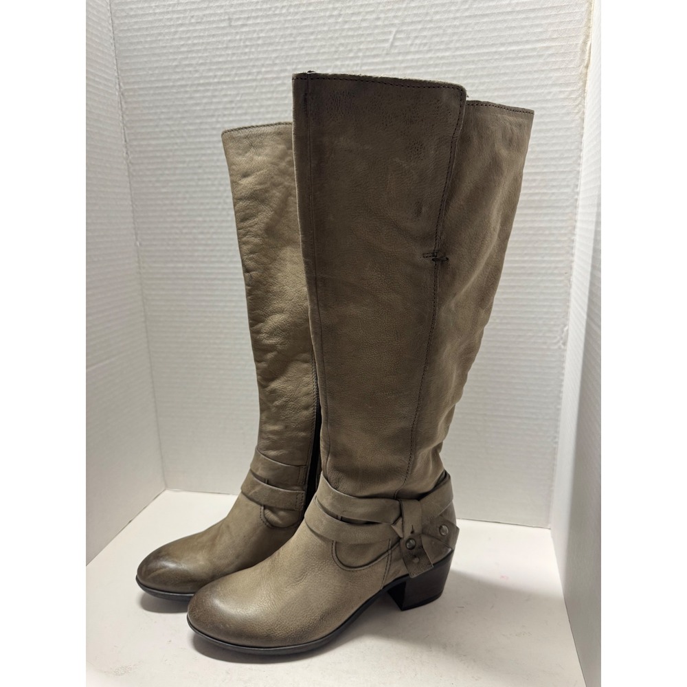 Mjus Taupe Grey Leather Tall Harness Boots Size 37 6.5 Side Zip Block Heel Lug